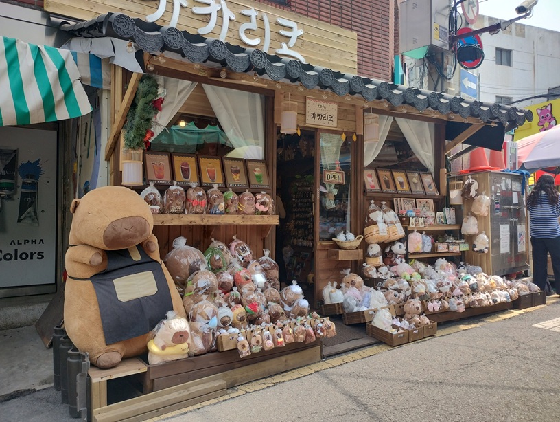 韓国ソウル東大門近く、昌信洞文具・玩具通りにあるお店。入り口前に動物のぬいぐるみがたくさんならべてある。